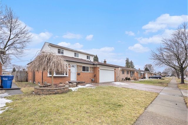 traditional home featuring a garage, brick siding, fence, concrete driveway, and a front yard