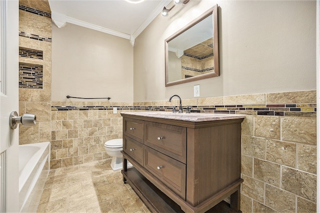 full bath with ornamental molding, tile walls, toilet, and vanity