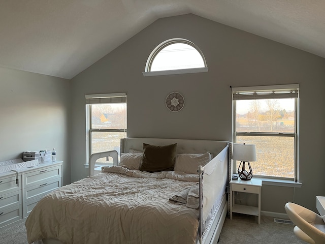 bedroom featuring lofted ceiling, carpet flooring, visible vents, and baseboards