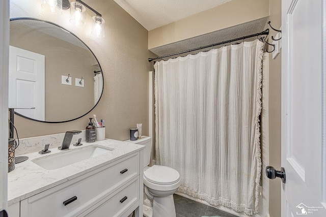 full bath with a textured wall, toilet, vanity, a textured ceiling, and tile patterned flooring