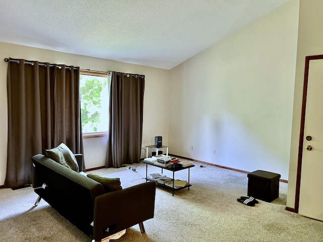 sitting room with light carpet, baseboards, and a textured ceiling