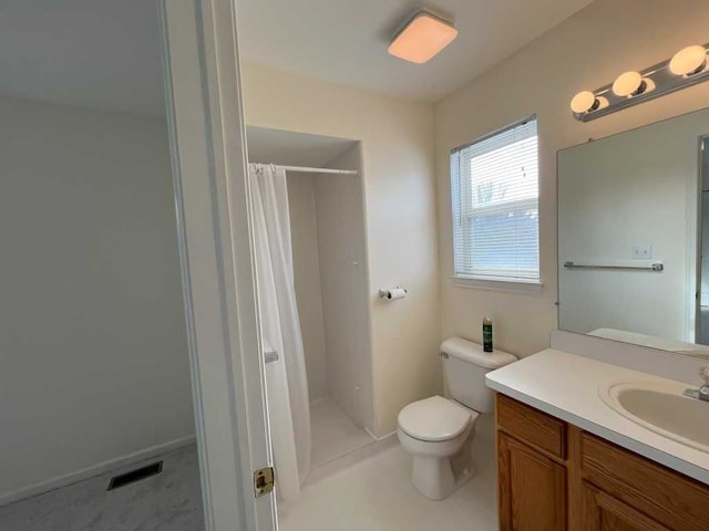 full bathroom with visible vents, toilet, a shower stall, and vanity