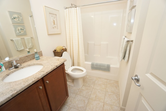 full bath featuring vanity, tile patterned floors, shower / bath combo with shower curtain, and toilet