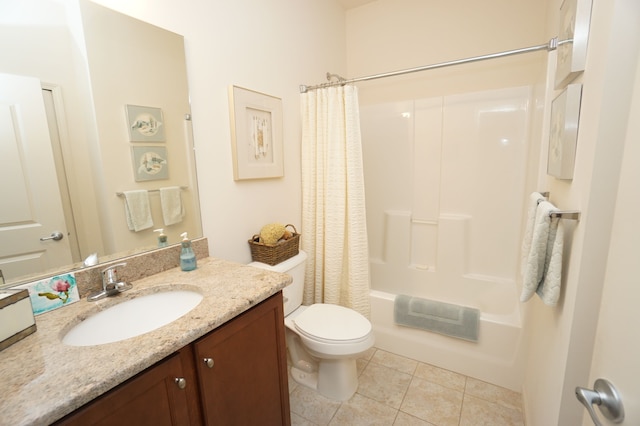 full bath with vanity, tile patterned flooring, shower / bath combo, and toilet
