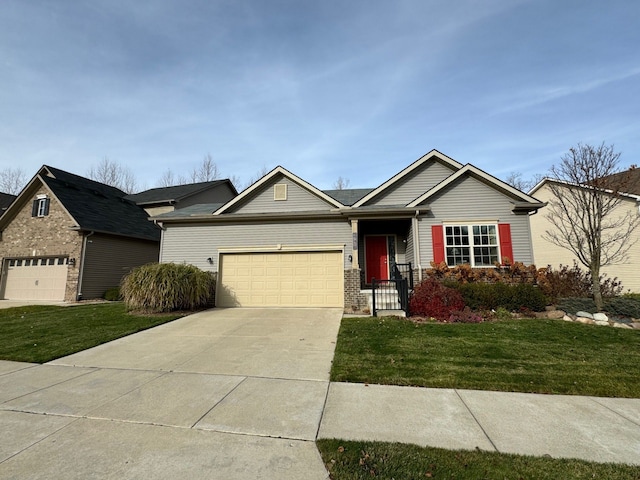 ranch-style house featuring a garage, brick siding, concrete driveway, and a front yard