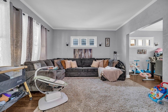 living area with ornamental molding and wood finished floors