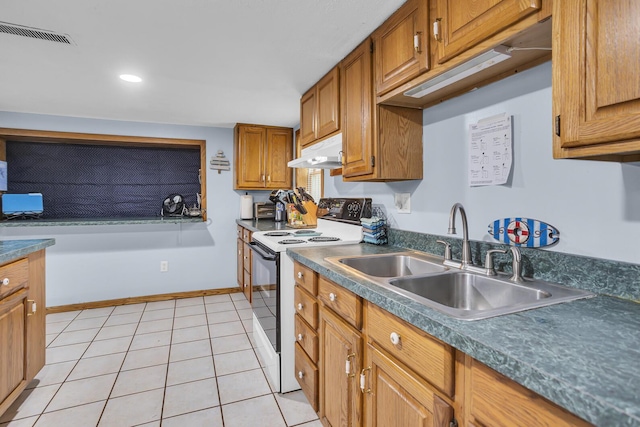 kitchen with visible vents, range with electric cooktop, brown cabinetry, under cabinet range hood, and a sink