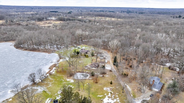 bird's eye view featuring a water view and a forest view