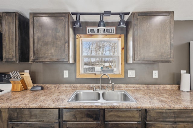 4087 Amble Rd, Coral, MI 49322 - kitchen with dark brown cabinetry, range, and a sink