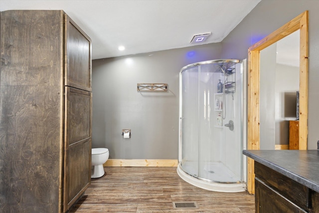 4087 Amble Rd, Coral, MI 49322 - full bath with a stall shower, visible vents, vanity, and wood finished floors