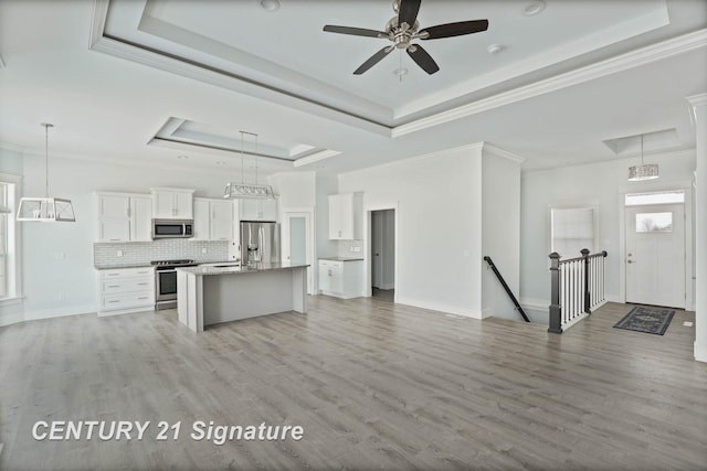 kitchen featuring a raised ceiling, appliances with stainless steel finishes, open floor plan, a kitchen island with sink, and white cabinetry