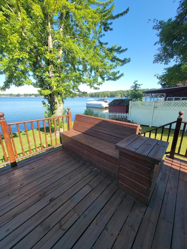 wooden terrace featuring a water view and fence