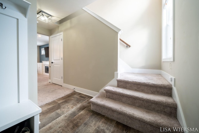 staircase featuring plenty of natural light, wood finished floors, and baseboards