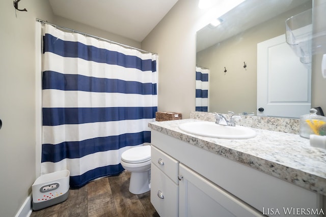 full bathroom featuring vanity, wood finished floors, and toilet