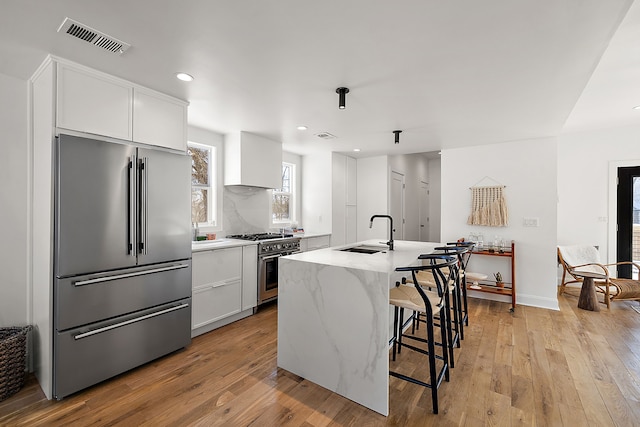 kitchen featuring high end appliances, visible vents, light wood-style flooring, white cabinets, and a sink