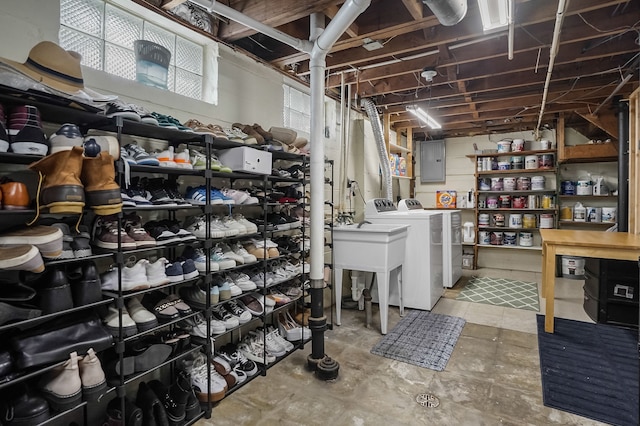 basement with electric panel and independent washer and dryer