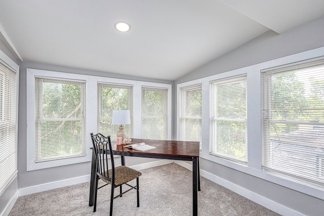 office with lofted ceiling, recessed lighting, baseboards, and light colored carpet