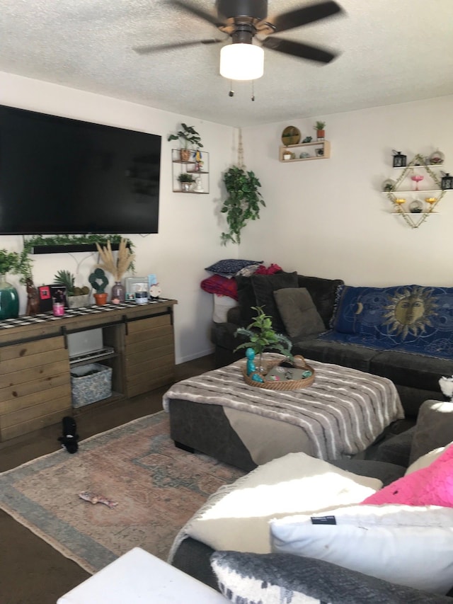 living room with ceiling fan and a textured ceiling