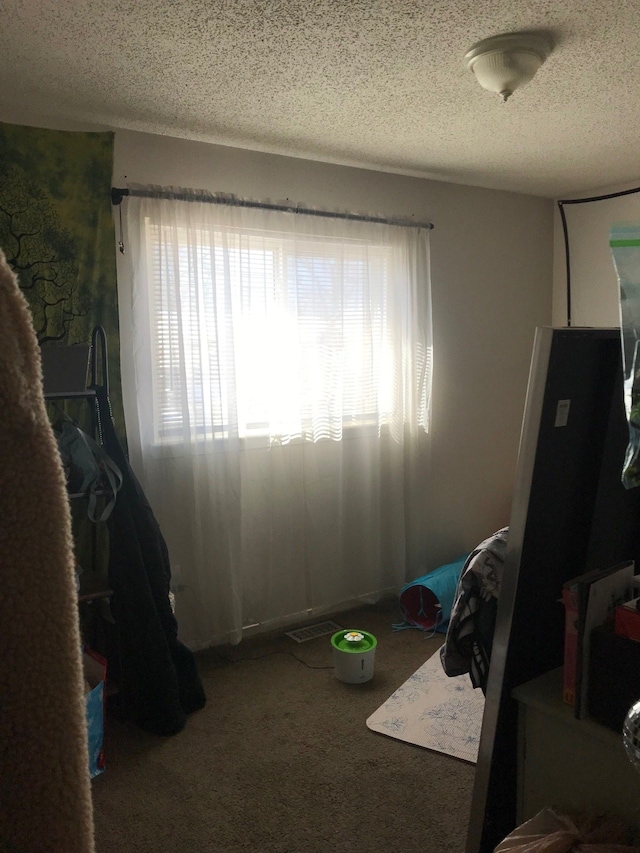 carpeted bedroom featuring a textured ceiling