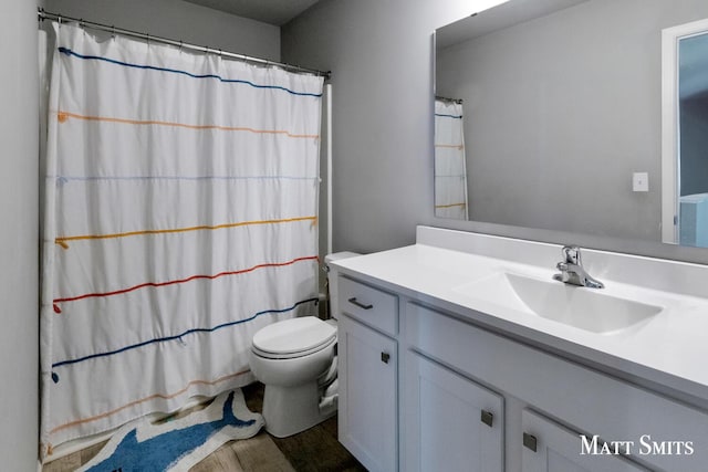 bathroom featuring toilet, a shower with shower curtain, wood finished floors, and vanity