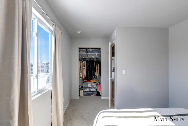 bedroom featuring a closet, baseboards, and carpet flooring