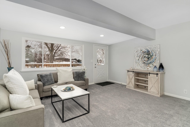 carpeted living room featuring beamed ceiling, recessed lighting, and baseboards