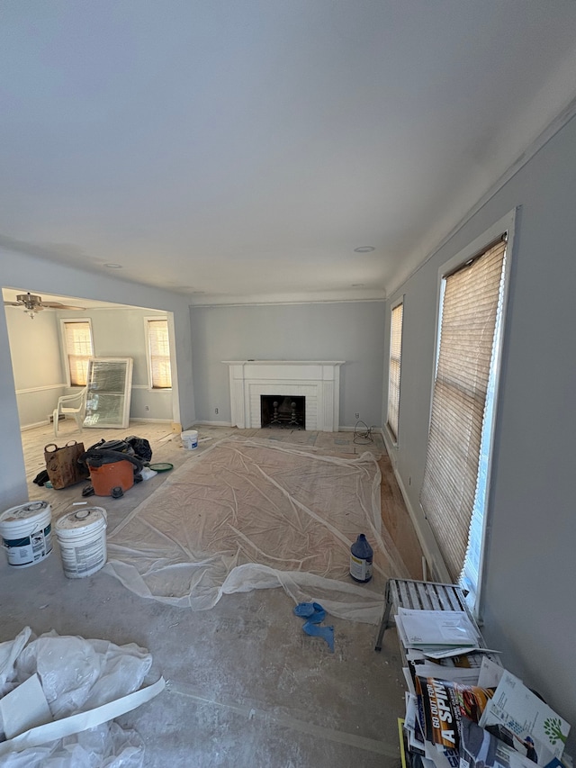 living area featuring a fireplace