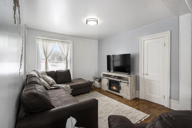 living area featuring dark wood-style floors and a glass covered fireplace