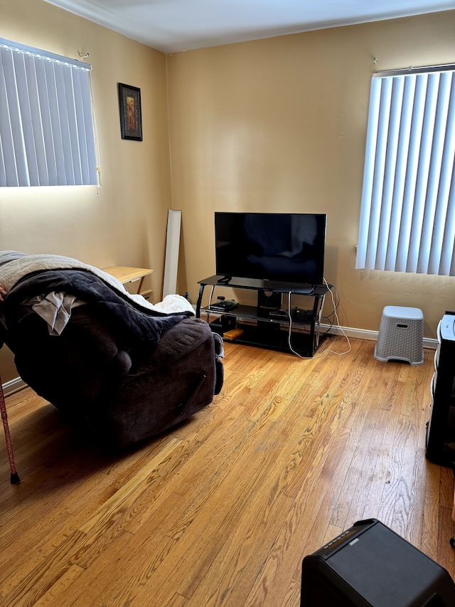 living room with baseboards and light wood finished floors