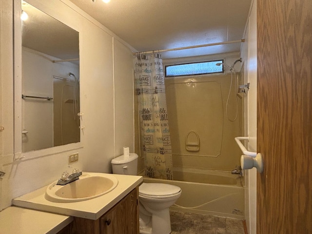 bathroom featuring toilet, shower / bath combo, and vanity