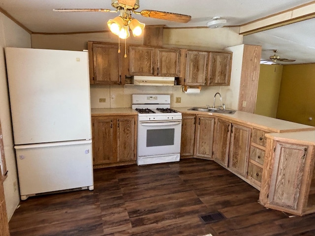 kitchen featuring white appliances, a peninsula, light countertops, under cabinet range hood, and a sink