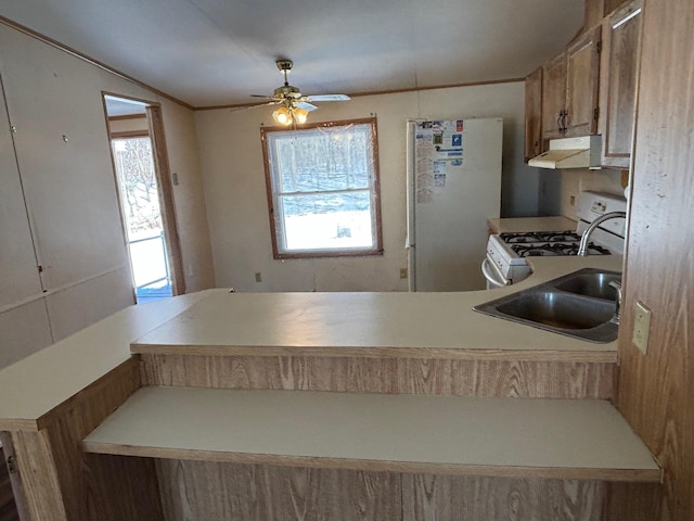 kitchen featuring a wealth of natural light, white appliances, light countertops, and a peninsula