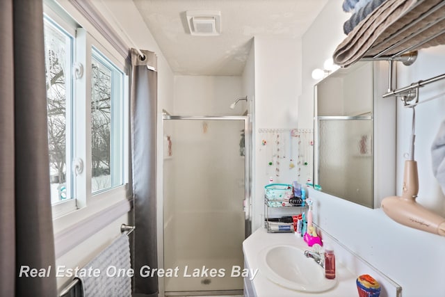 bathroom featuring a shower stall and vanity