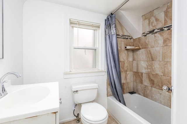 bathroom featuring toilet, shower / tub combo with curtain, and vanity