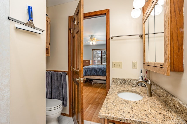 bathroom with toilet, wood finished floors, connected bathroom, and vanity