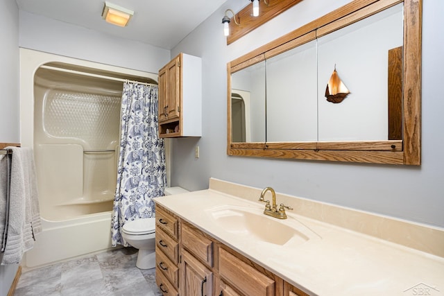 bathroom with toilet, shower / bathtub combination with curtain, and vanity