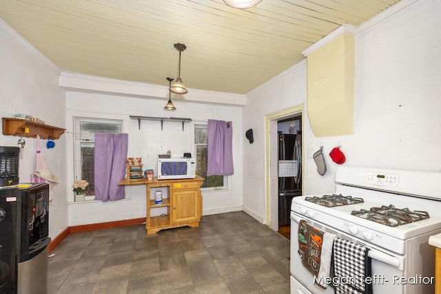 kitchen with crown molding, white appliances, baseboards, and pendant lighting