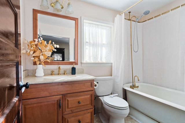 bathroom featuring toilet, shower / bathtub combination with curtain, and vanity