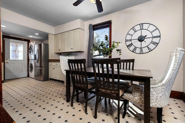 dining room with stacked washing maching and dryer, ceiling fan, and recessed lighting