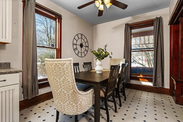 dining room with ceiling fan and baseboards