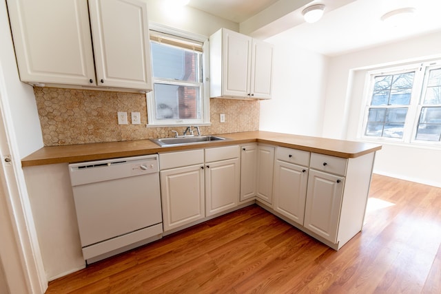 18953 Woodcrest St, Harper Woods, MI 48225 - kitchen with light countertops, white cabinetry, a sink, dishwasher, and a peninsula
