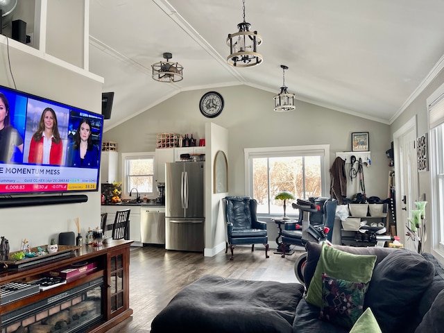 living room with ornamental molding, vaulted ceiling, and dark wood-type flooring