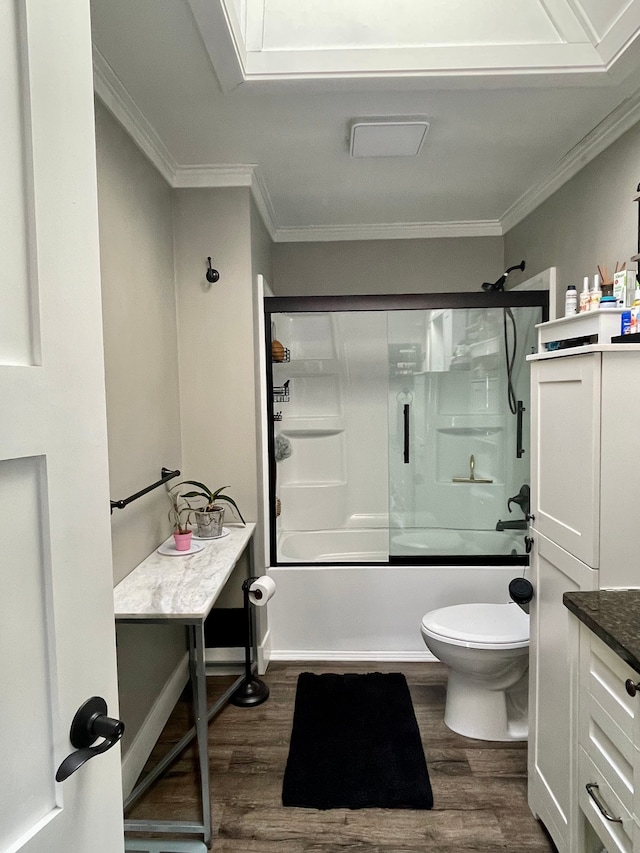 21865 Novi Rd, Northville, MI 48167 - bathroom featuring wood finished floors, combined bath / shower with glass door, ornamental molding, and vanity
