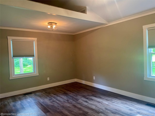 21865 Novi Rd, Northville, MI 48167 - unfurnished room featuring dark wood-style floors, crown molding, and vaulted ceiling