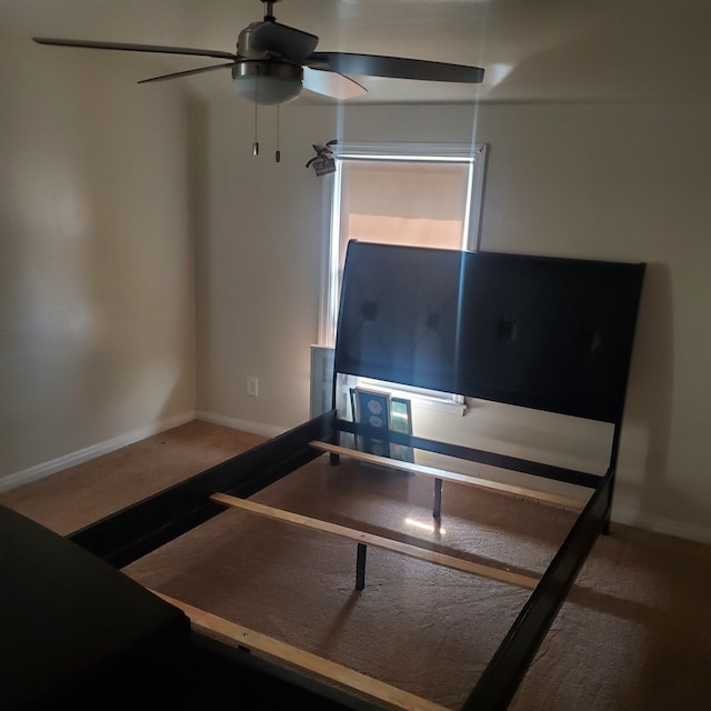 interior space with baseboards, a ceiling fan, and carpet flooring