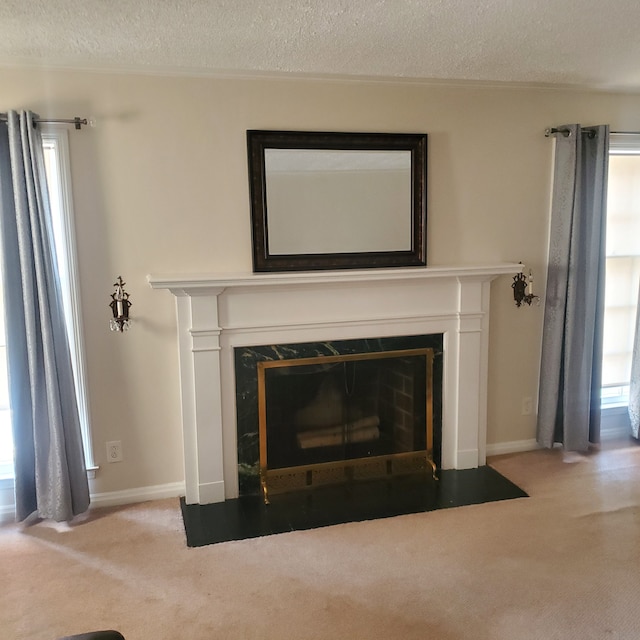 interior details with carpet, a textured ceiling, baseboards, and a premium fireplace