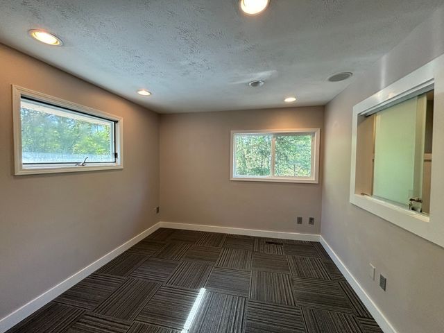 empty room featuring baseboards, a textured ceiling, dark carpet, and a wealth of natural light