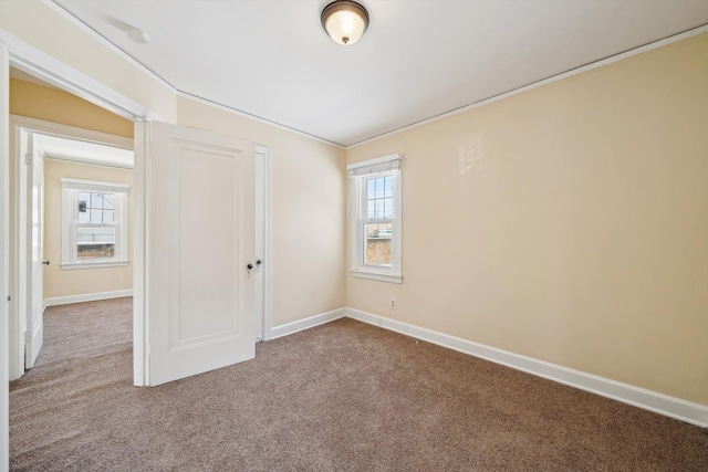 carpeted spare room with ornamental molding, a wealth of natural light, and baseboards