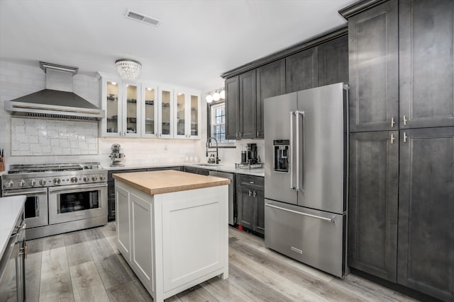 kitchen with wall chimney range hood, high end appliances, glass insert cabinets, and white cabinetry