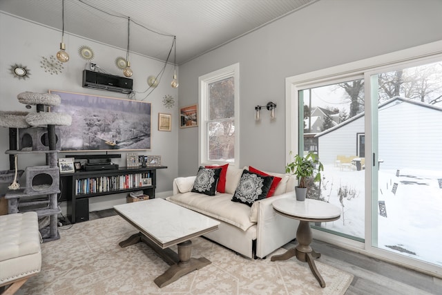 living room with an AC wall unit and wood finished floors